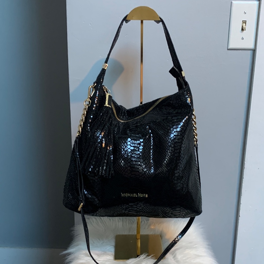 Authentic Michael Kors black snake print lightweight hobo slouch bag